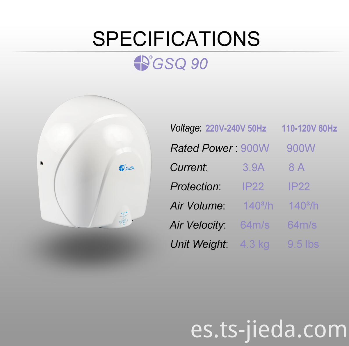 Secador de manos de boquilla redonda para hotel Round nozzle hand dryer for hotel